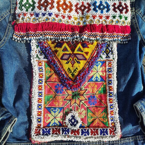 Beaded Boho Upcycled Denim Embellished Jean Jacket Womens S Hippie Festival - Picture 2 of 11